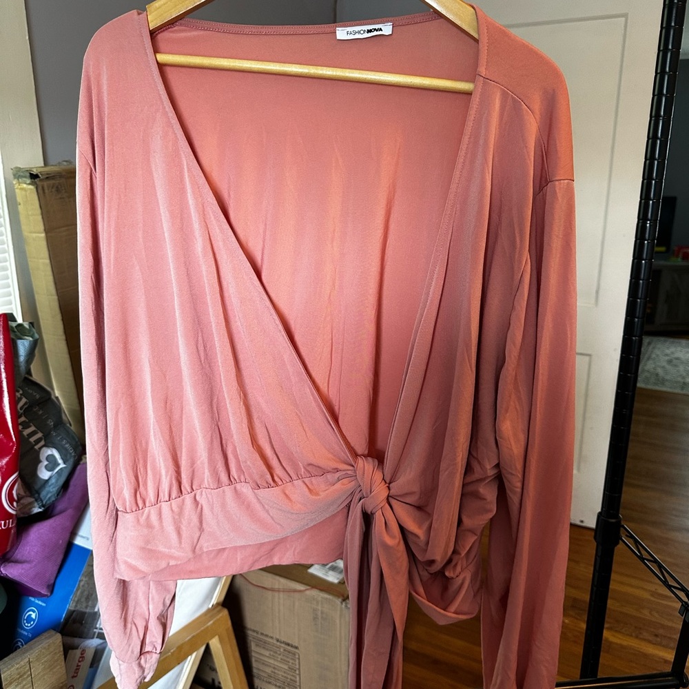 Coral wrap shirt with tie detail | fashion nova | 3x
